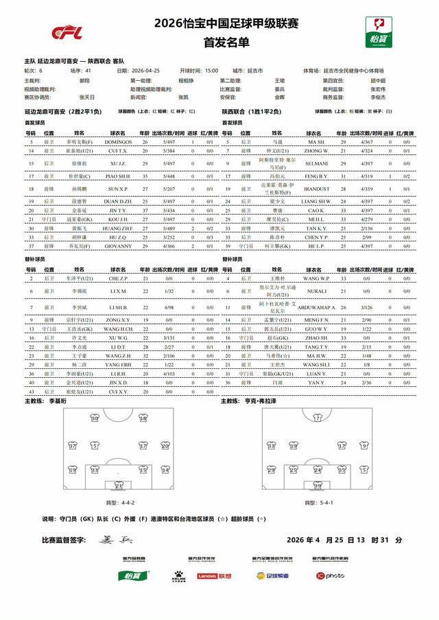 爱游戏体育-延边龙鼎vs陕西联合：双方均2外援首发，冯伯元、金泰延出战